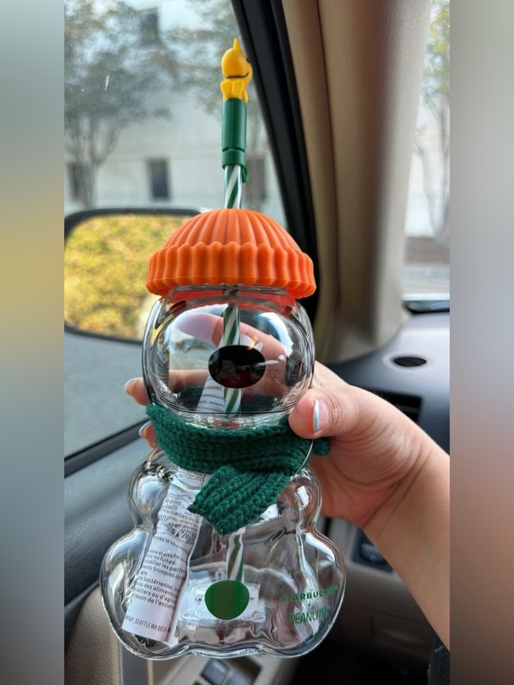 Snoopy Starbucks Cup with Orange Lid and Green Scarf